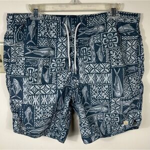 Quiksilver Waterman Swim Trunks Mens M Blue Tribal Fish Board Shorts Nautical